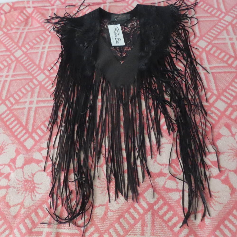 Pat Dahnke Lace Cut-out Collar Suede fringe and rich Venetian Lace OS fits all